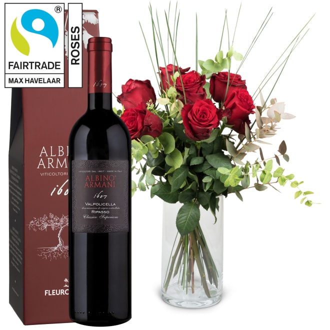 7 rote Fairtrade-Rosen Max Havelaar mit Grün und Ripasso Albino Armani DOC (75 cl)
