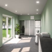 Moderne vaskerom med inneklimasentral Econordic WH4/WH4 XL installert ved veggen i mørkt og stilrent interiør