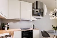 Kjøkken med markering av plassert Flexit SAT EC sentralavtrekksvifte i etasjeskille