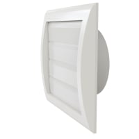 Vit lamellventil i plast med horisontella lameller och rund stos Ø100, visad i sned vinkel