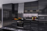 Modernt kök i mörkt utförande med integrerade vitvaror, använd som miljöbild för bostadsventilation