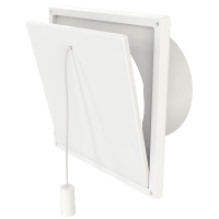 Flexit internal flap valve 100 mm with round spigot, shown open with pull cord