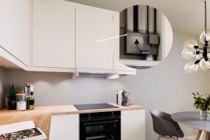 Kjøkken med markering av plassert Flexit SAT EC sentralavtrekksvifte i etasjeskille