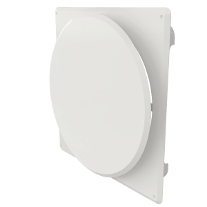 Tallerkenvalveil med firkantet ramme 150x150 mm og karm i hvit utførelse for innvendig montasje