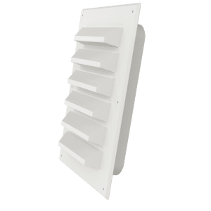 White 4×6 plastic louvre grille with frame for protected air intake or exhaust.