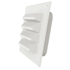 White 4×4 plastic louvre grille with frame for protected air intake or exhaust.