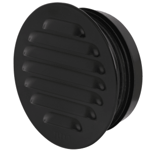 Sort rund stålrist Ø100 med stuss og pakning for luftinntak eller avtrekk