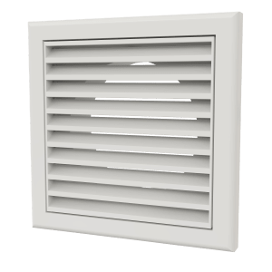 Fyrkantigt vitt ventilationsgaller i plast med horisontella lameller och rund stos Ø100