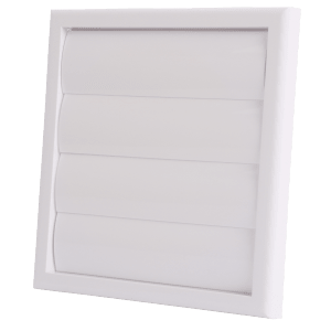 Vit lamellventil i plast med horisontella lameller och rund stos Ø150