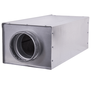 Rectangular steel duct silencer with round front connection