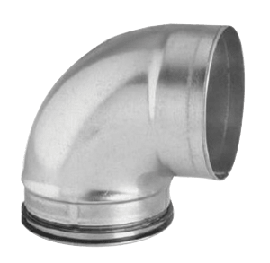 Short 90-degree duct bend in galvanised steel with female and male ends, 100 mm diameter.