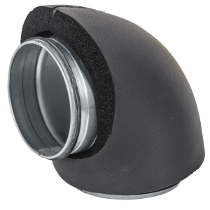 Insulated 90 degree short bend with male connectors in galvanized steel for insulated steel ducts