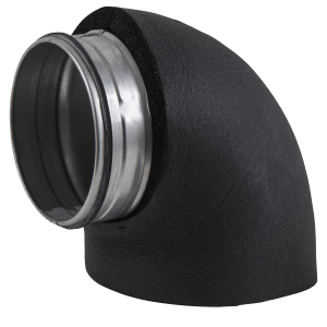 Insulated 90 degree short bend with female to male connector in galvanized steel for insulated steel ducts