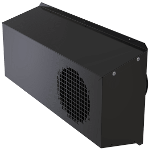 Black combo box for combined air intake and exhaust air mounted on exterior wall