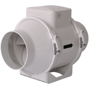 Flexit DF duct fan in plastic with airflow direction arrow for in-duct installation