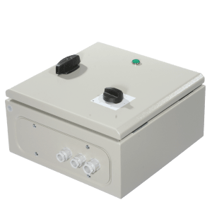 TDM transformer in enclosure with control knob and connection terminals for roof fan