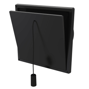 Internal black flap valve 100 mm with round spigot, partially open with pull cord