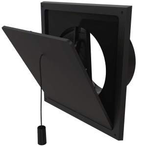 Internal black flap valve 125 mm with round spigot, partially open with pull cord