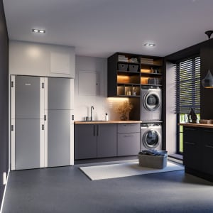 
                    Vaskerom med inneklimasentral Econordic WH4/WH4 XL installert ved veggen i lyst og moderne interiør