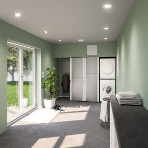 
                    Moderne vaskerom med inneklimasentral Econordic WH4/WH4 XL installert ved veggen i mørkt og stilrent interiør