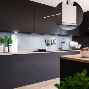 
                    Ventilasjonsaggregatet Nordic KS3 integrert i overskap på kjøkken med markert plassering