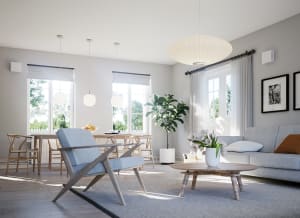 
                    Romventilator Flexit Muto i hvit utførelse montert på veggen i stuen