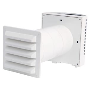 
                    Friskluftsventil Aero 100K med utvendig del og ytterrist i hvit utførelse.