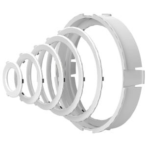 
                    Hvit sett med sirkulære spjeldringer Ø75 i ulike størrelser