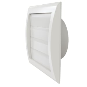 
                    Hvit lamellventil i plast med horisontale lameller og rund stuss Ø100, vist i skrå vinkel