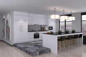 
                    Moderne kjøkken og åpen stueløsning i bolig, brukt som miljøbilde for boligventilasjon