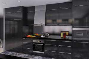 
                    Moderne kjøkken i mørk utførelse med integrerte hvitevarer, brukt som miljøbilde for boligventilasjon