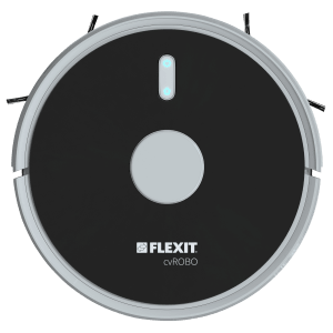 
                    Flexit CVRobo L1 robotstøvsuger sett ovenfra i svart og hvit utførelse