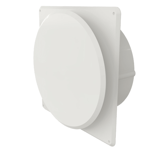 Tallerkenventil med firkantet ramme og rund stuss