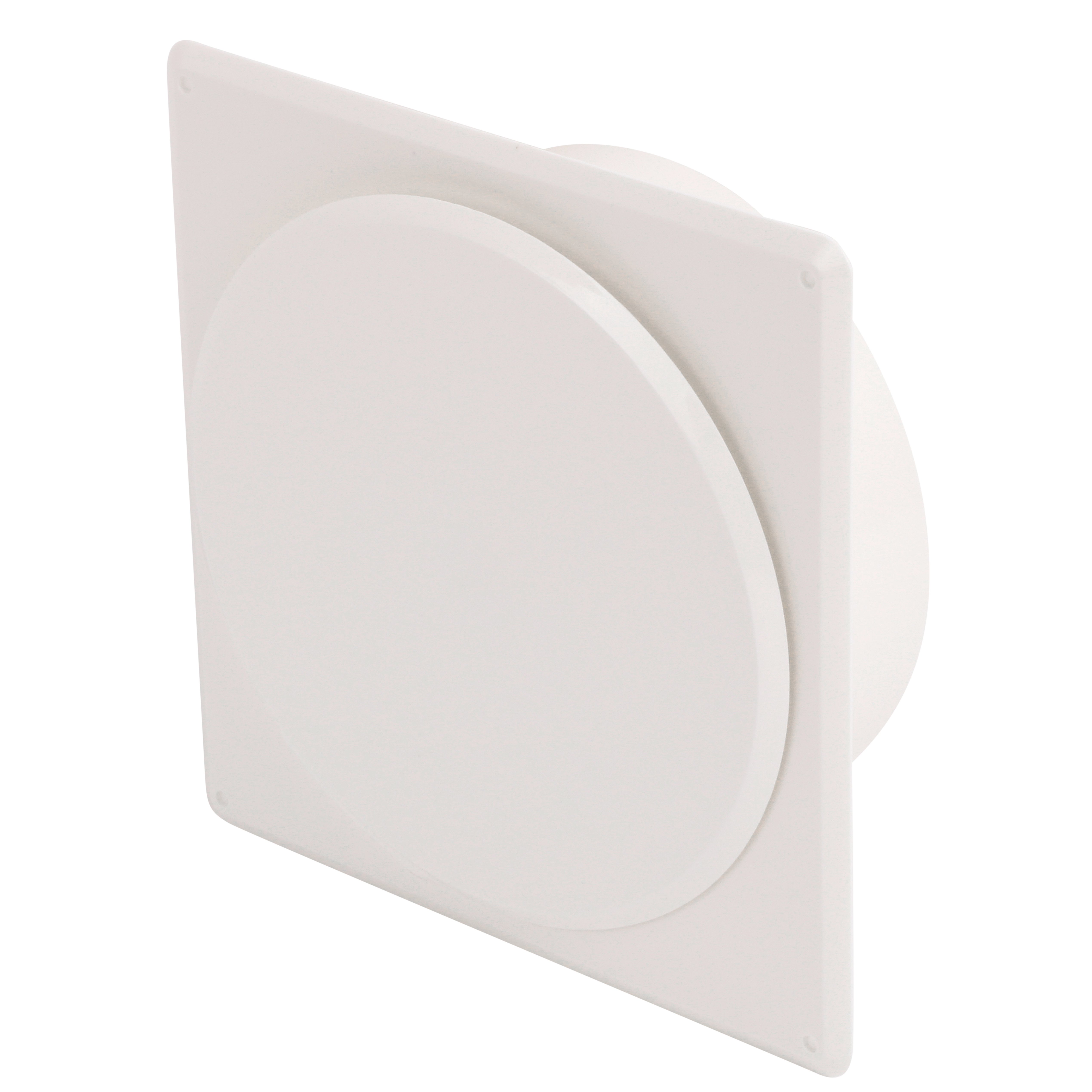 

                    Tallerkenventil TVK 125 i hvit utførelse med firkantet ramme og rund stuss