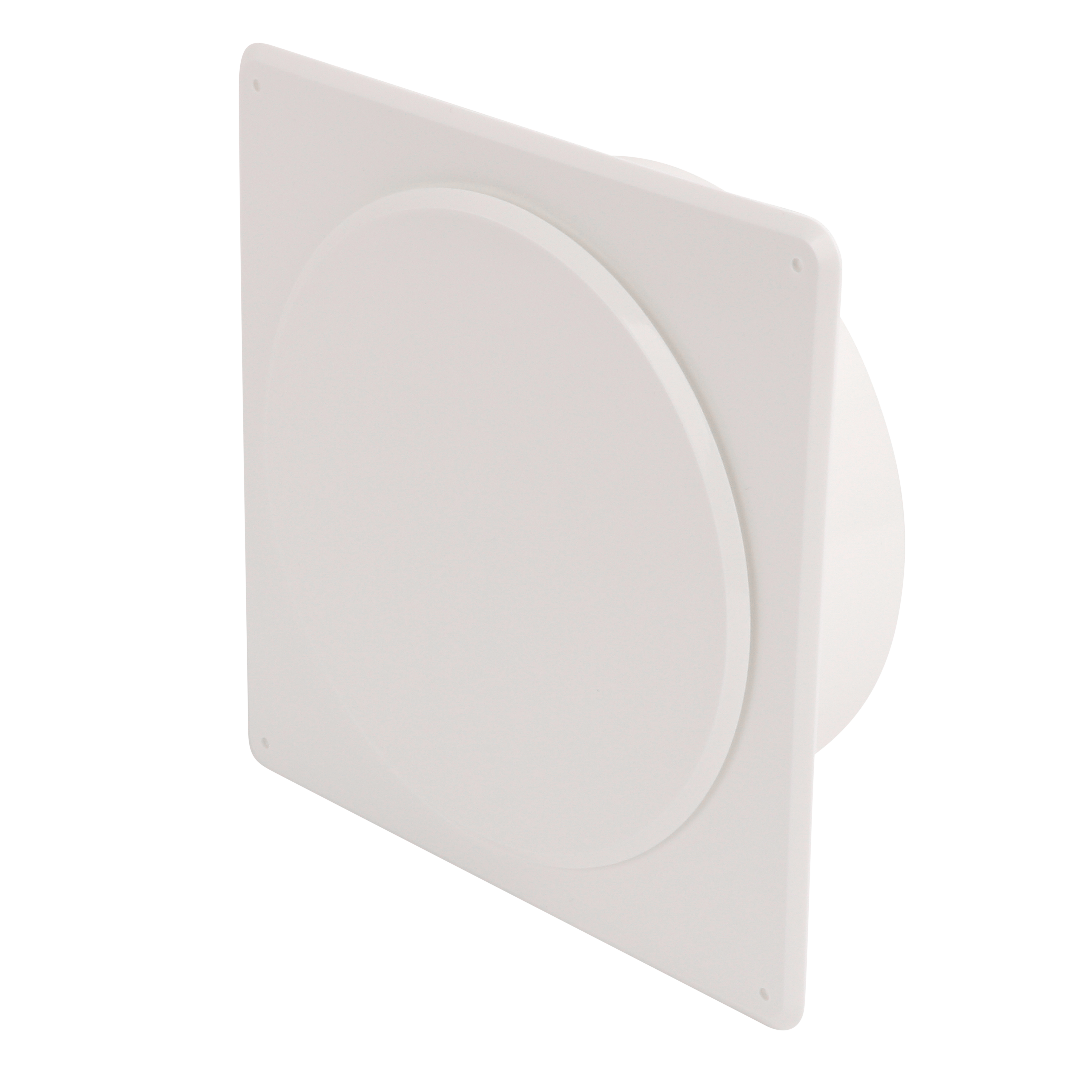 

                    Tallerkenventil TVK 160 i hvit utførelse med firkantet ramme og rund stuss