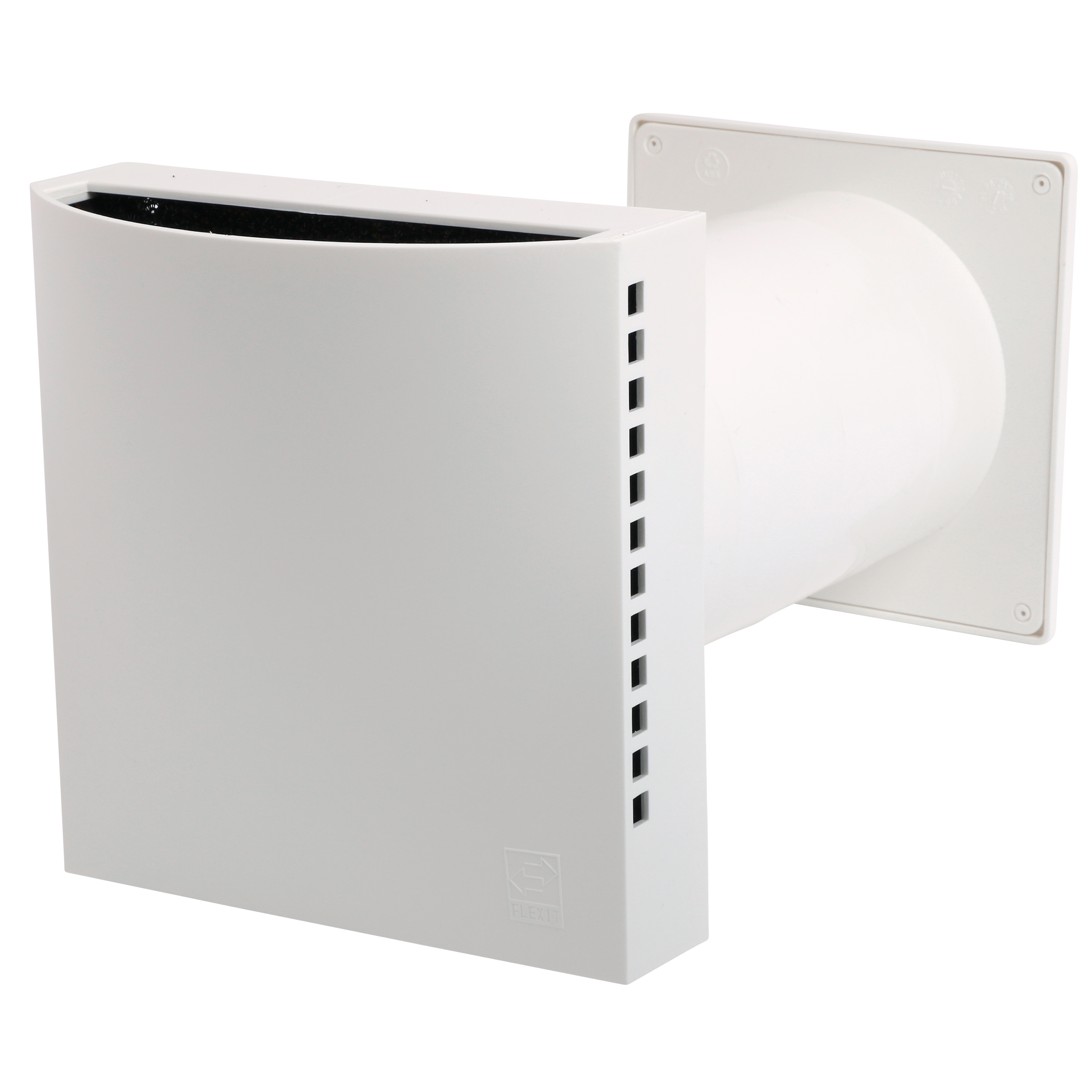 

                    Friskluftsventil Aero 100K med utvendig del og ytterrist i hvit utførelse.