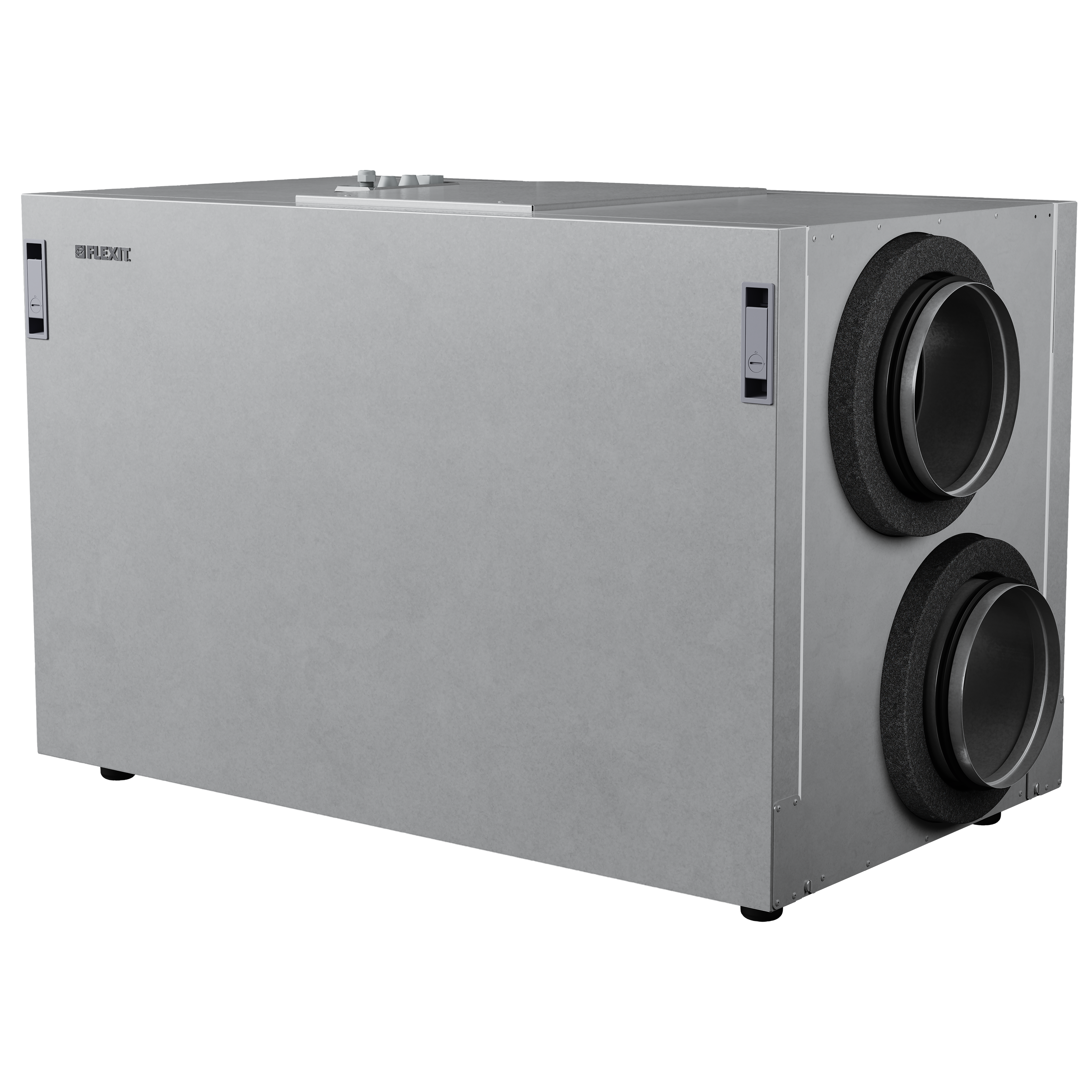 

                    Ventilasjonsaggregat Nordic L6 SW RE vist i frilagt frontskrå vinkel med sideplasserte kanaltilkoblinger