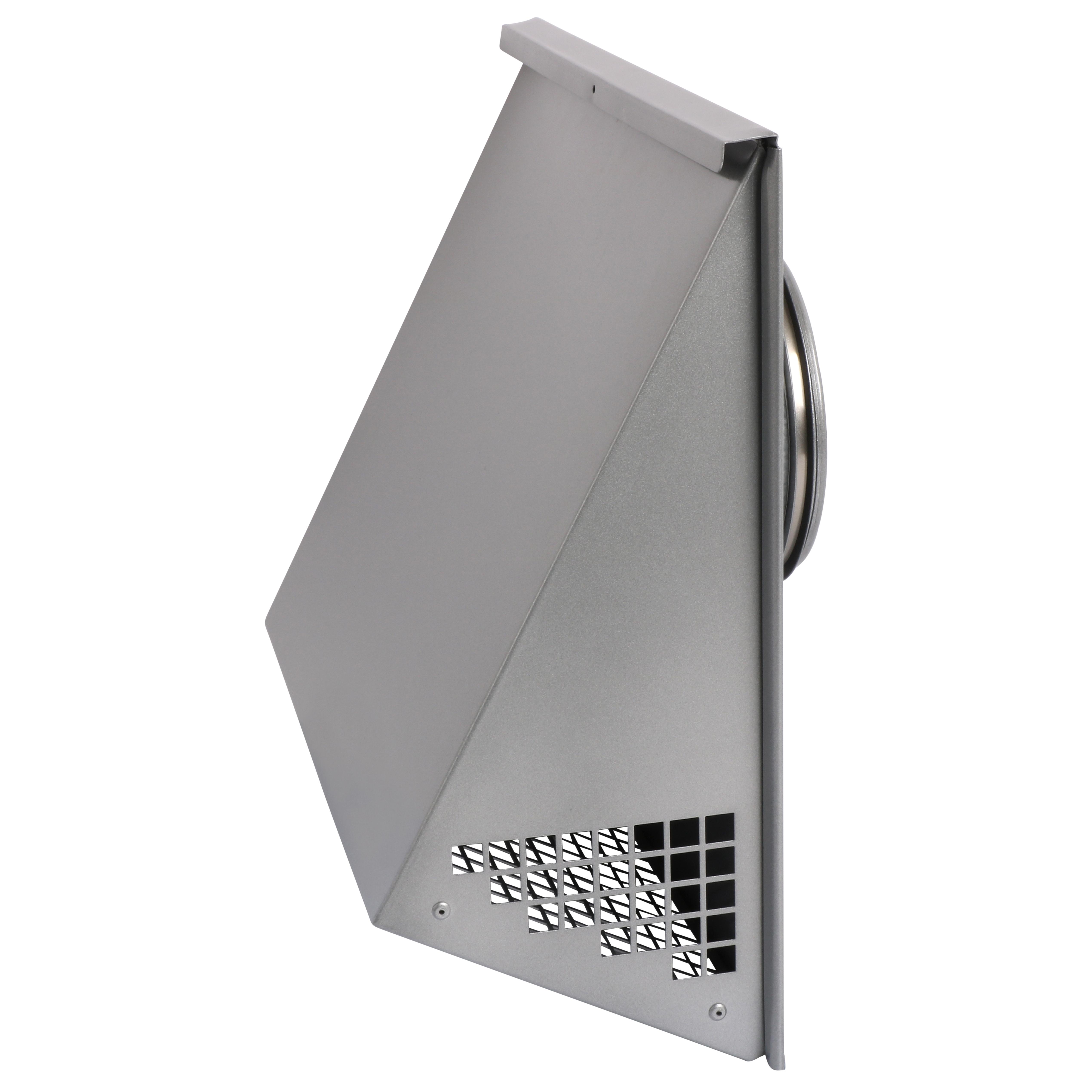 

                    Ytterveggskappe V21 i sølv metallic utførelse for avkast eller uteluft montert på fasade