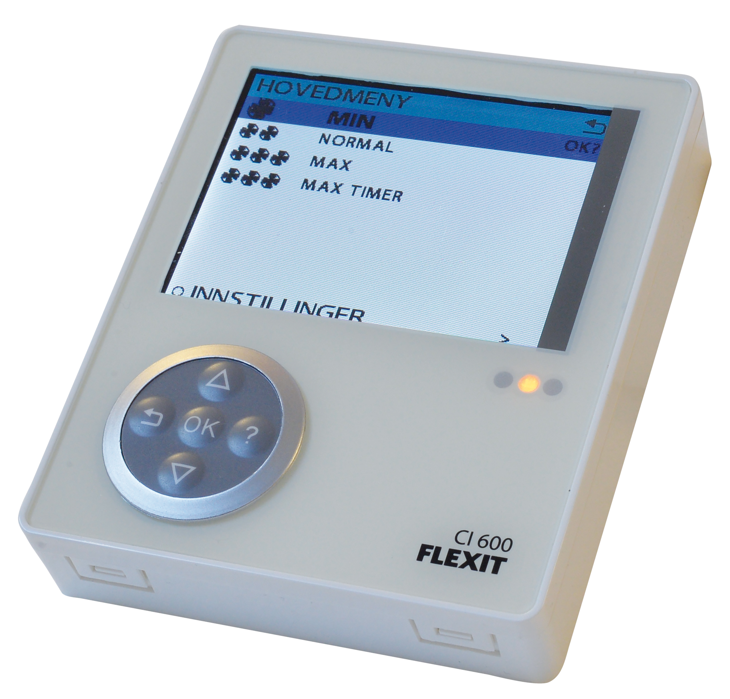 

                    Styrepanel med fargedisplay og navigeringsknapper for styring av boligventilasjon