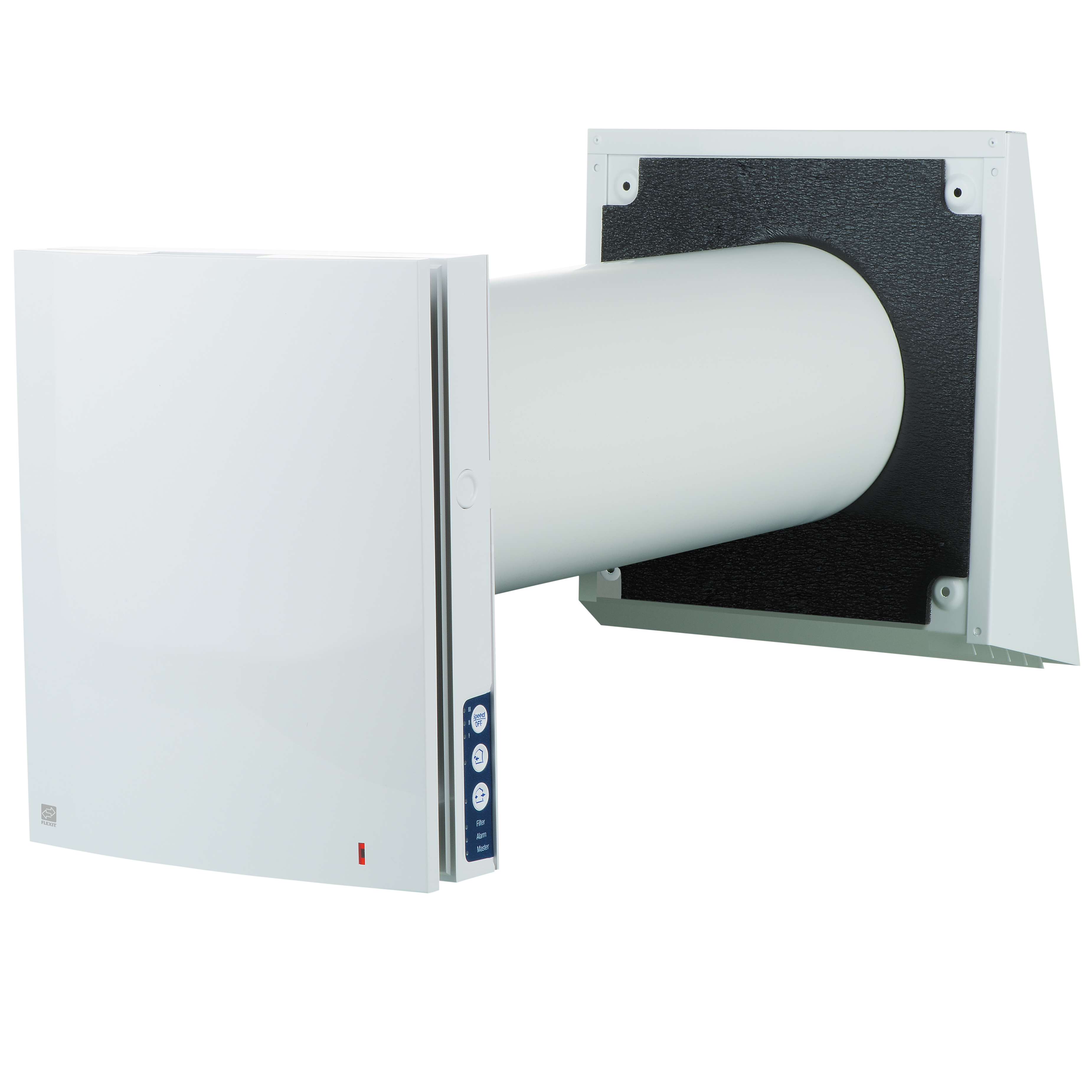 

                    Romventilator Roomie One WiFi montert i vegg med synlig kanal og innvendig enhet.