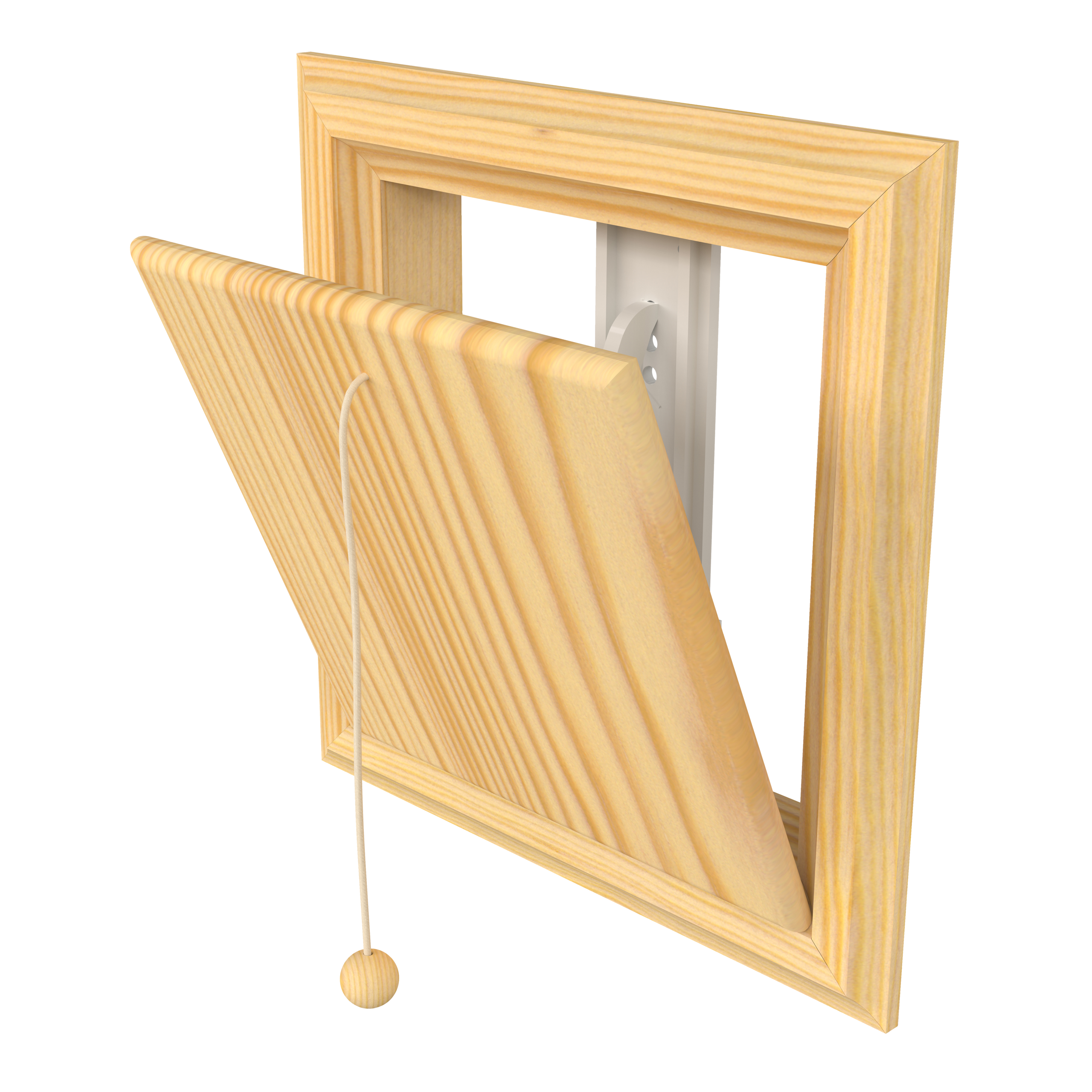 

                    Klaffvalveil i ubehandlet furu 150x150 med åpen klaff og snortrekk