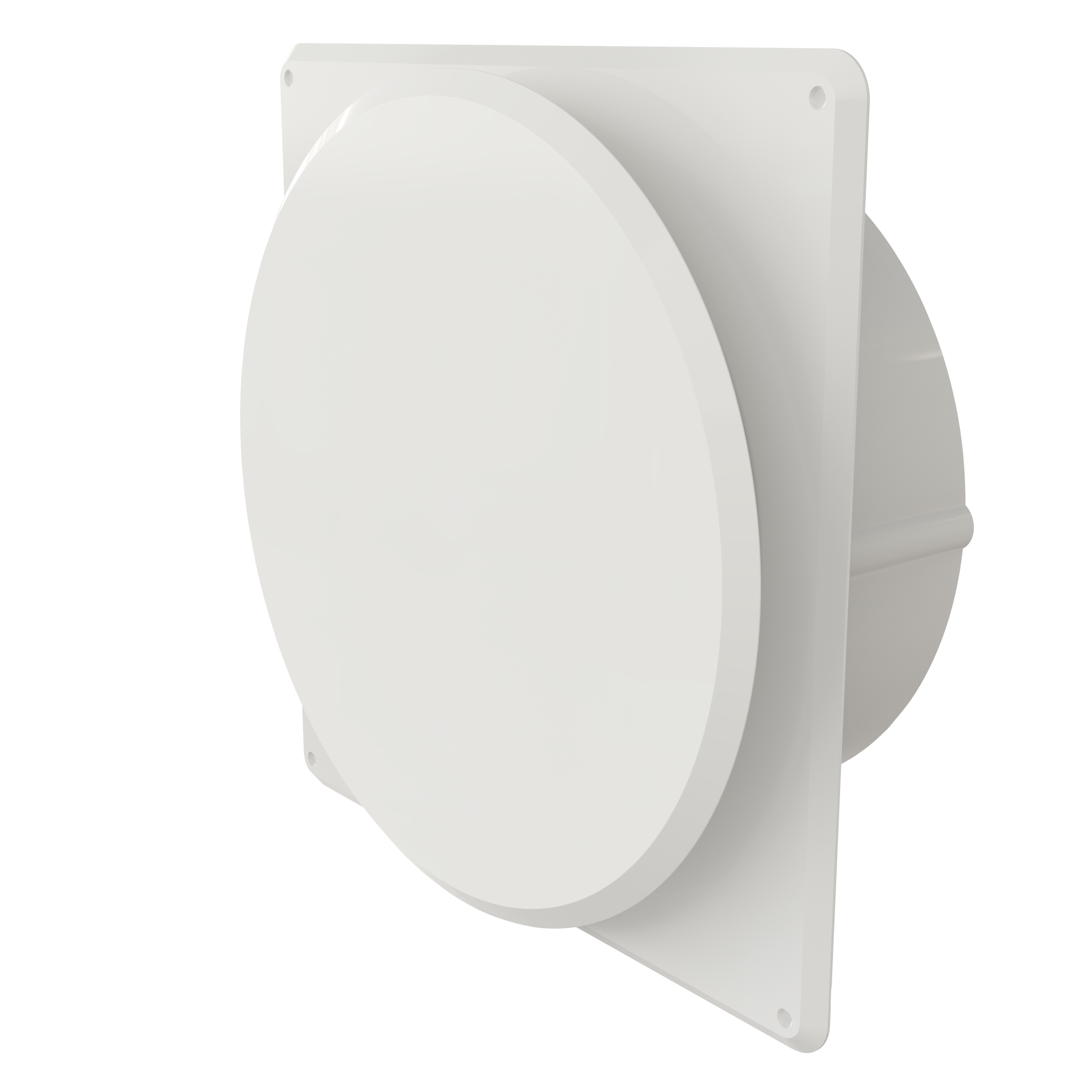 

                    Tallerkenvalveil med firkantet ramme og rund stuss Ø100 mm i hvit utførelse for innvendig montasje