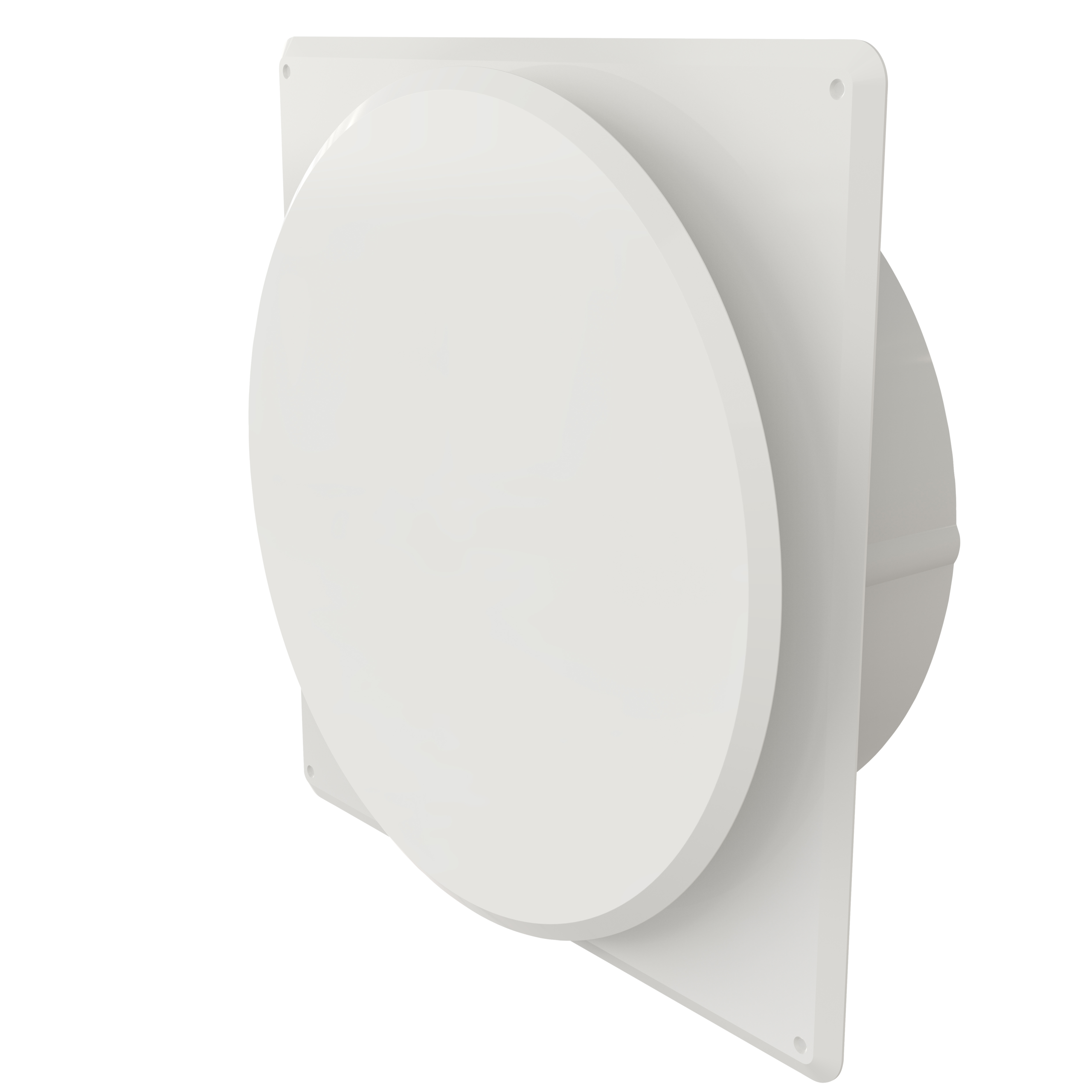 

                    Tallerkenvalveil med firkantet ramme og rund stuss Ø125 mm i hvit utførelse for innvendig montasje