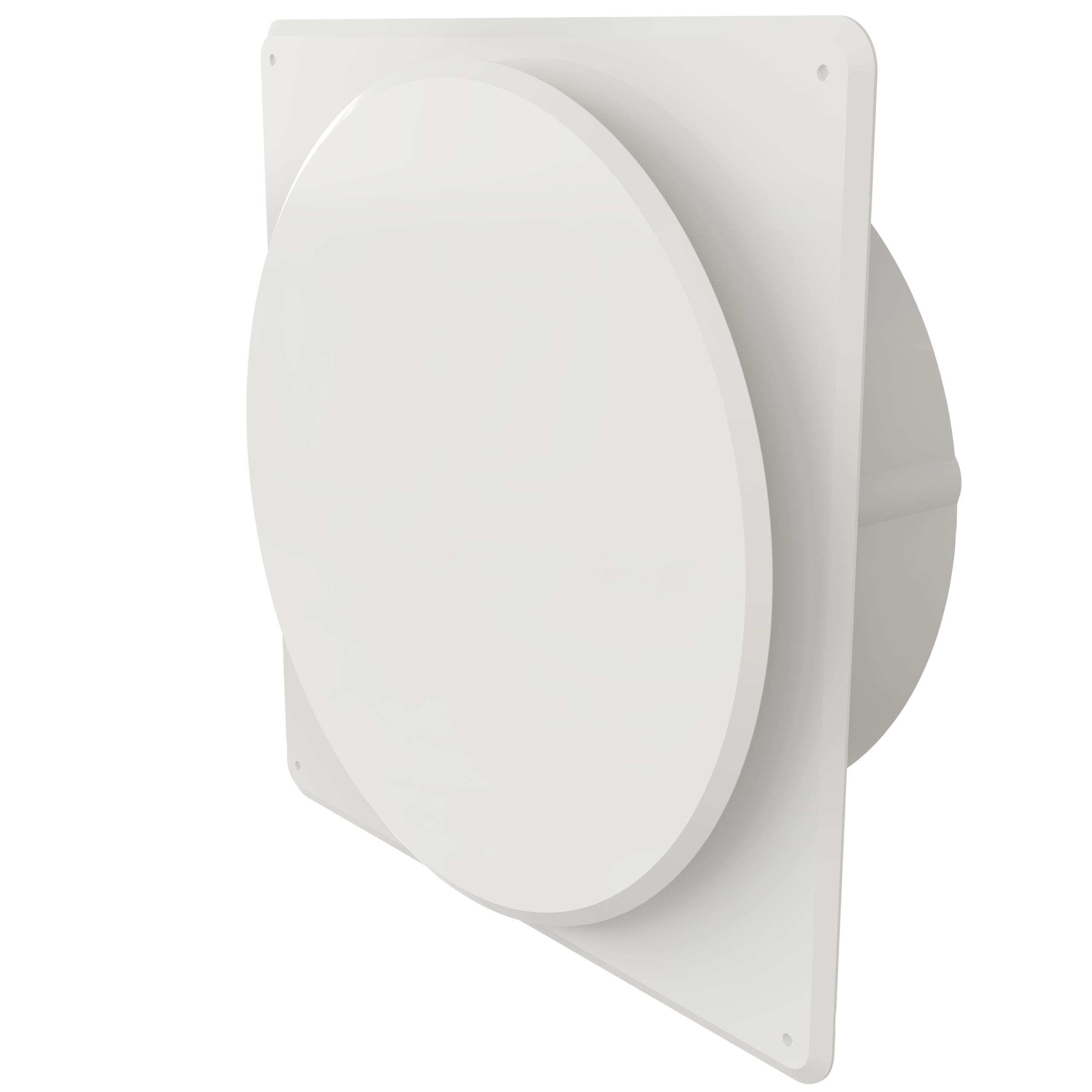 

                    Tallerkenvalveil med firkantet ramme og rund stuss Ø160 mm i hvit utførelse for innvendig montasje