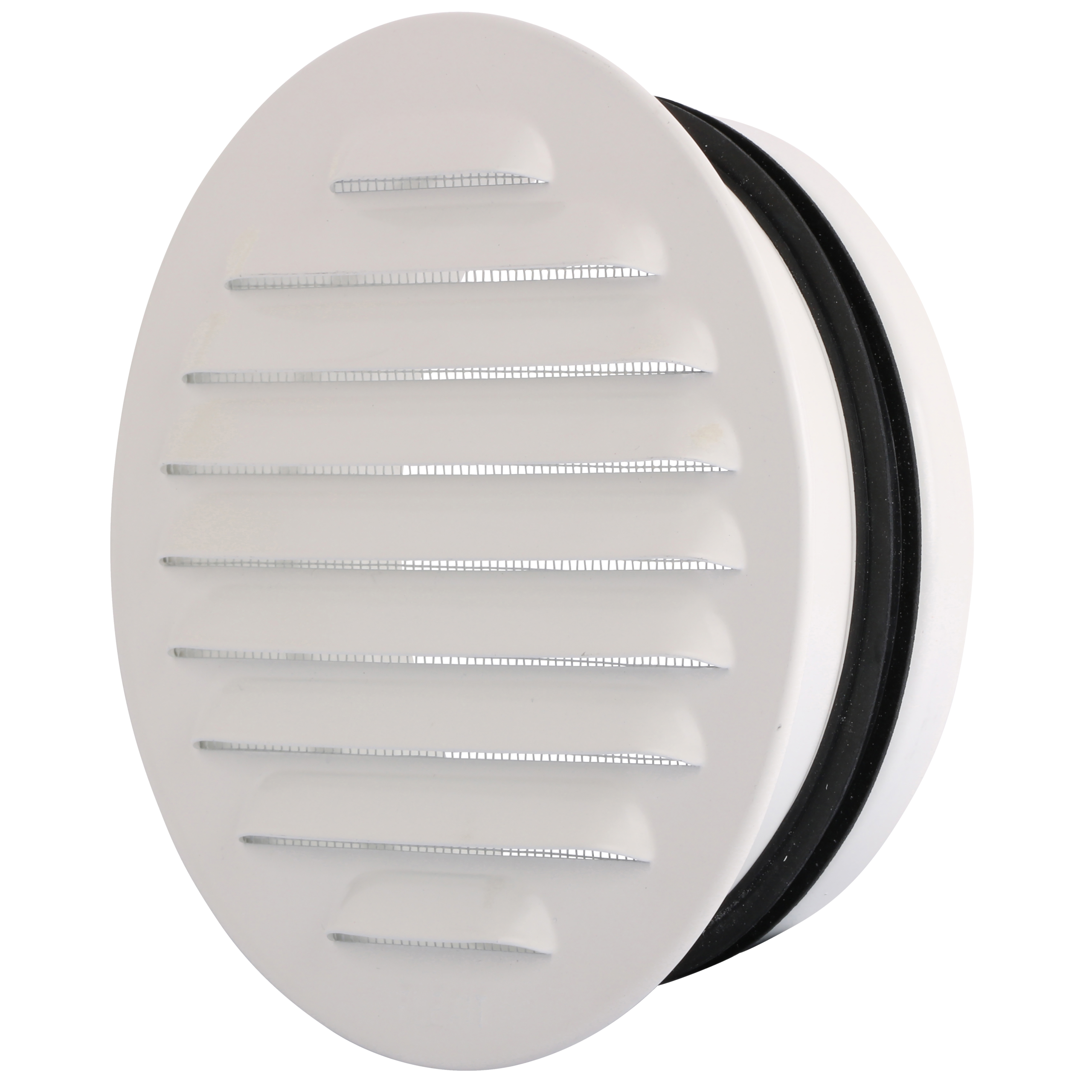 

                    Hvit rund stålrist Ø100 med stuss og pakning for luftinntak eller avtrekk