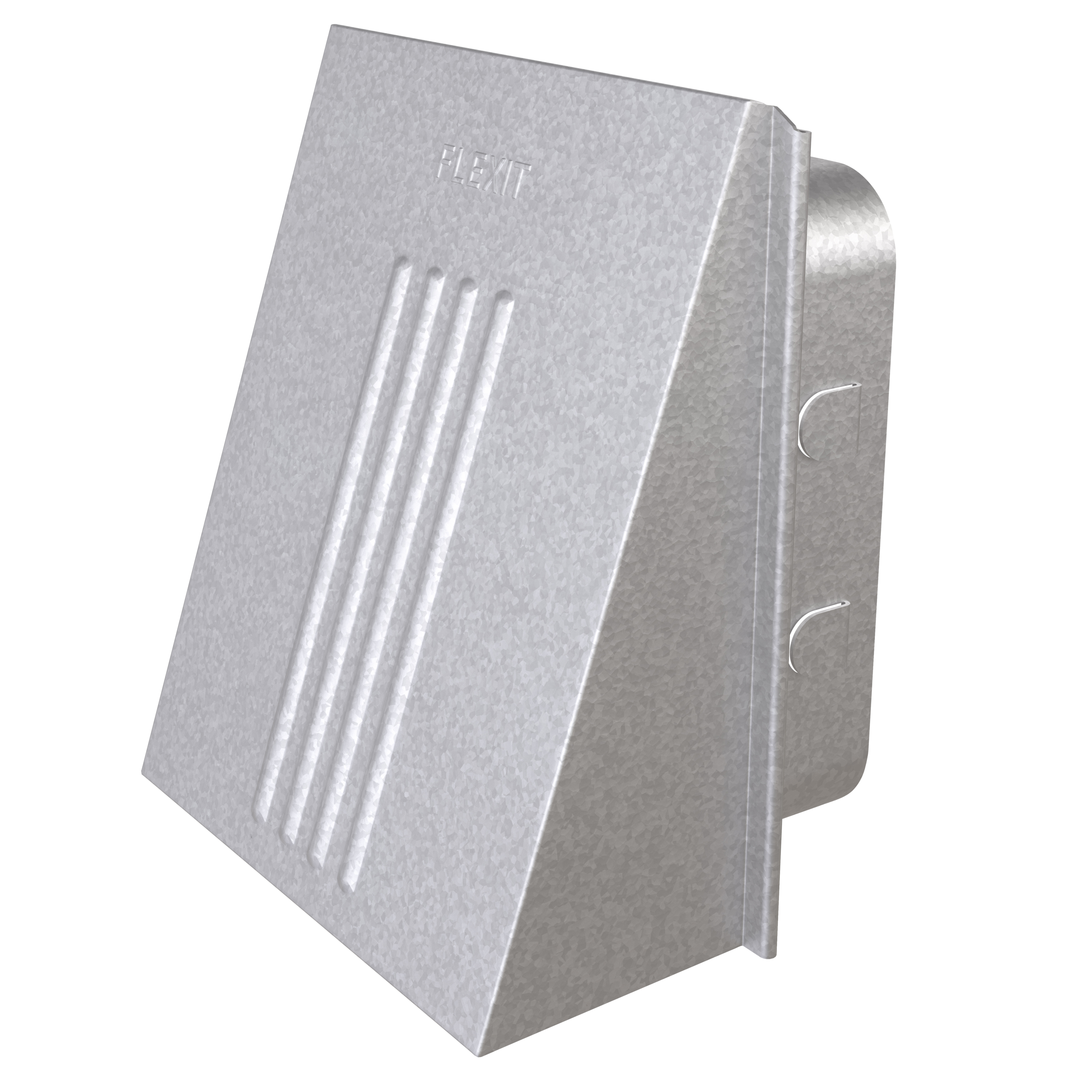 

                    Ventilkappe i stål 150×150 mm med skrå front og karm for utvendig luftavkast