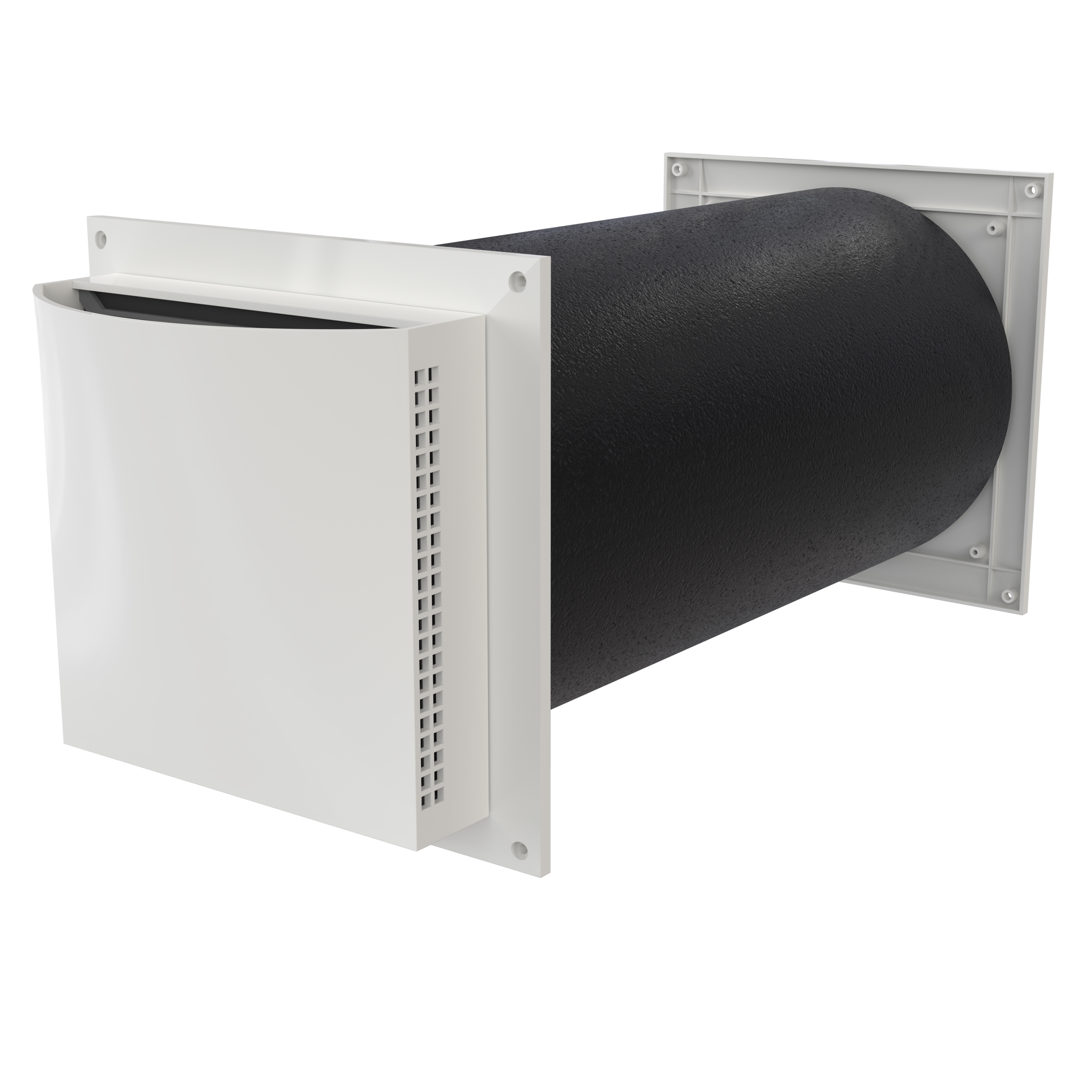 

                    Lydventil Aero 125DB i hvit utførelse med isolert kanal og firkantede monteringsplater