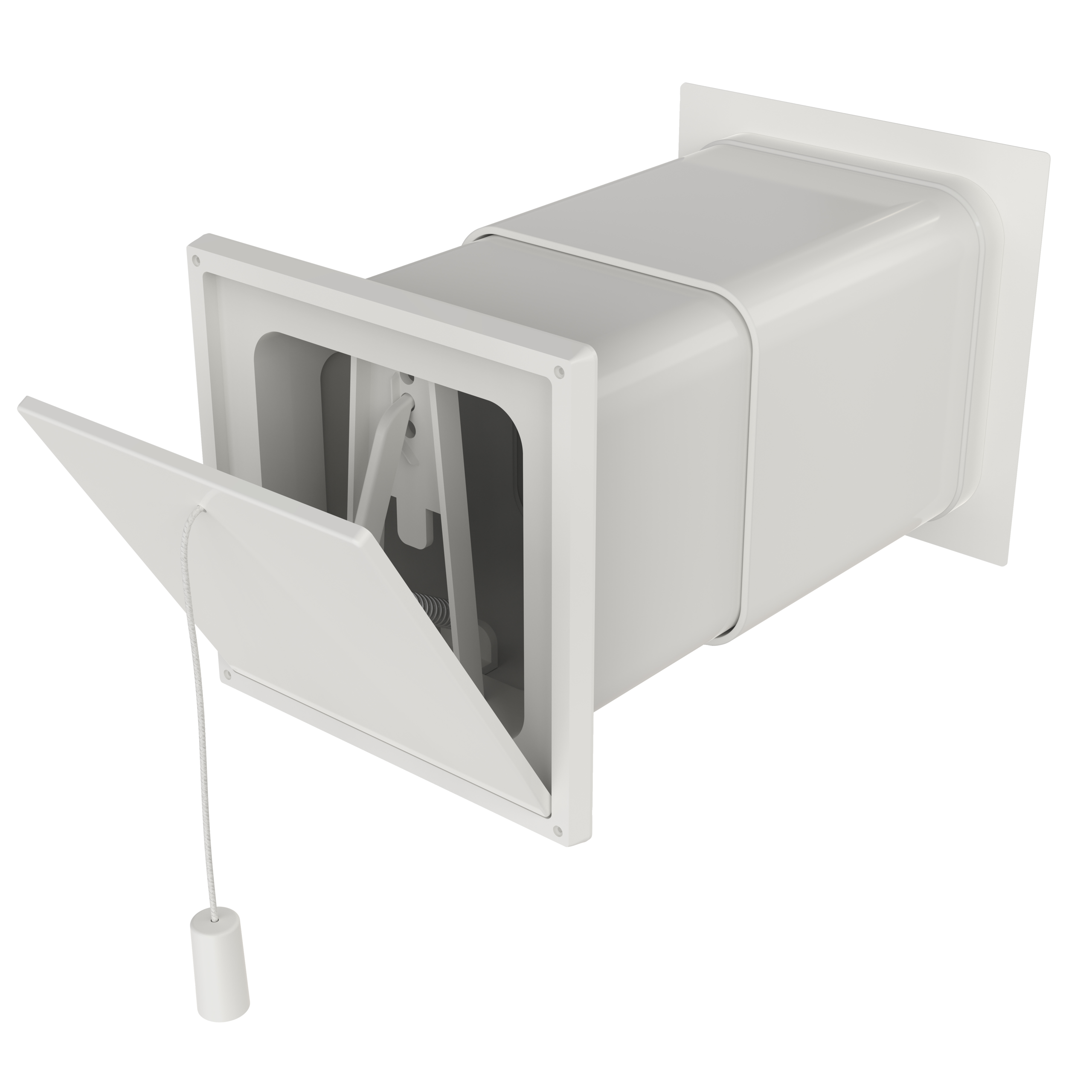 

                    Friskluftsventil FV50 100×100 i hvit utførelse med teleskopkanal og innvendig ventil med snortrekk