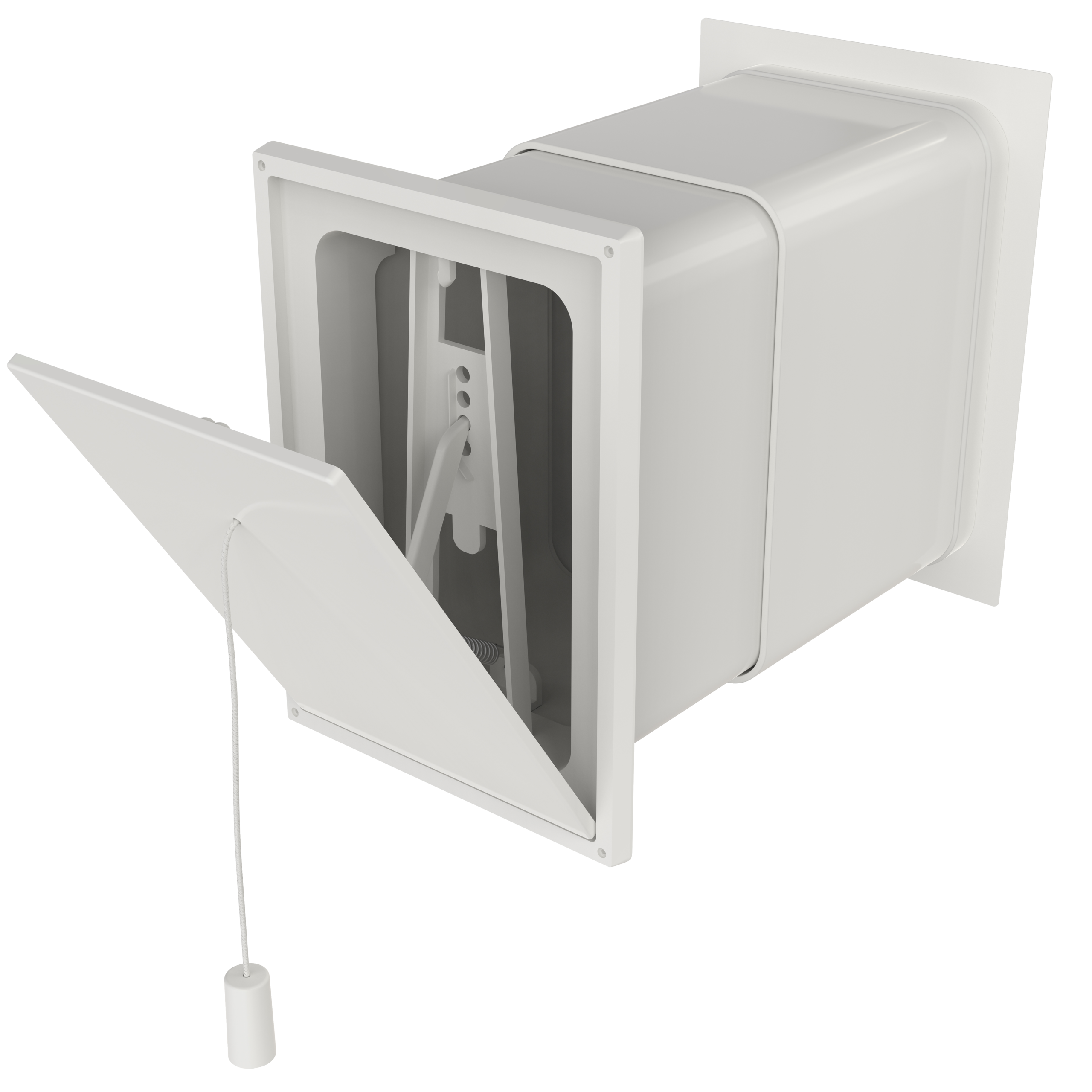 

                    Friskluftsventil FV52 100×150 i hvit utførelse med teleskopkanal og innvendig ventil med snortrekk