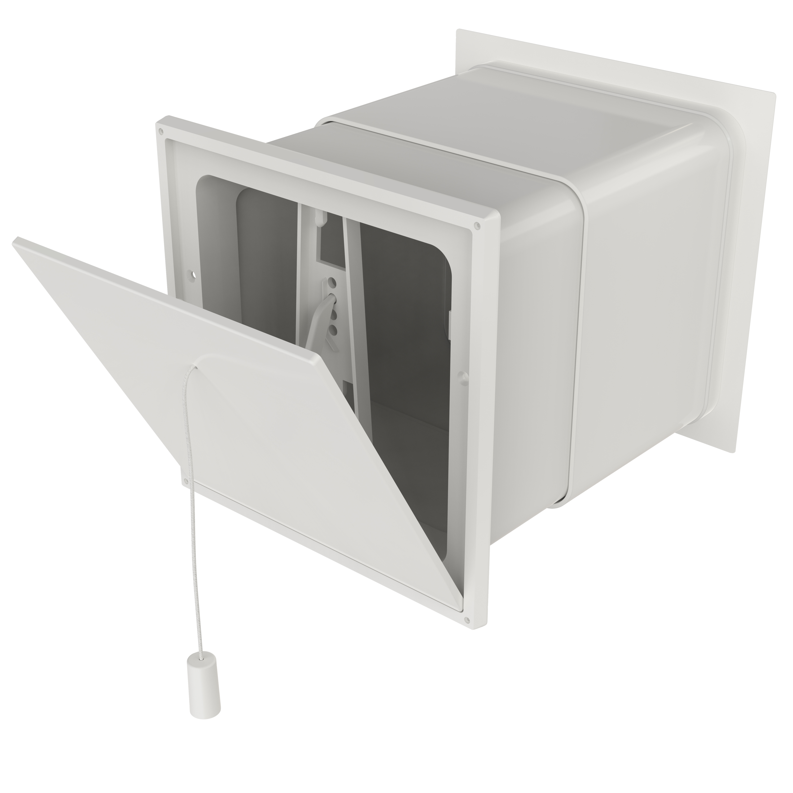 

                    Friskluftsventil FV54 150×150 i hvit utførelse med teleskopkanal og innvendig ventil med snortrekk